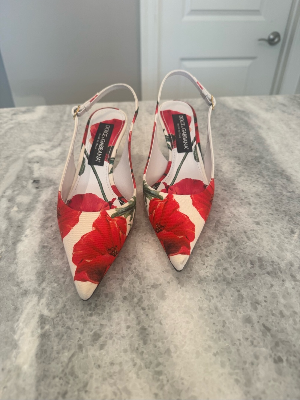 Dolce & Gabbana White Slingback Heels with Red Poppy Print